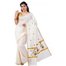  kasavu Embroidery cotton sarees(Beige,Gold)