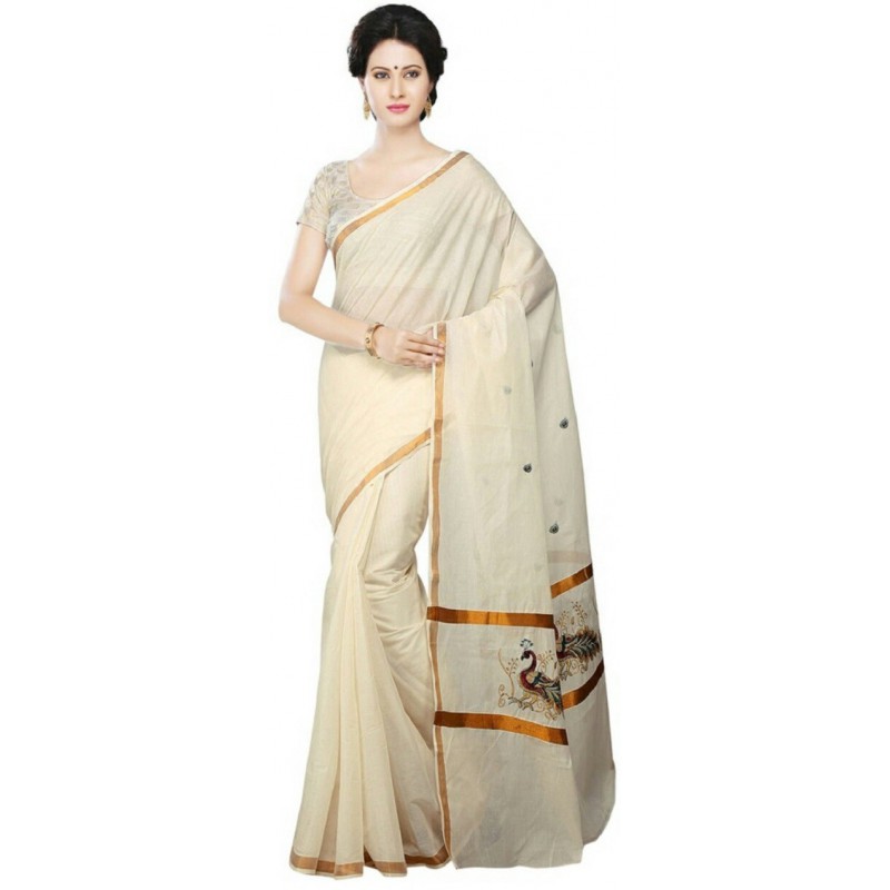 kasavu Embroidery cotton sarees(Beige,Gold)