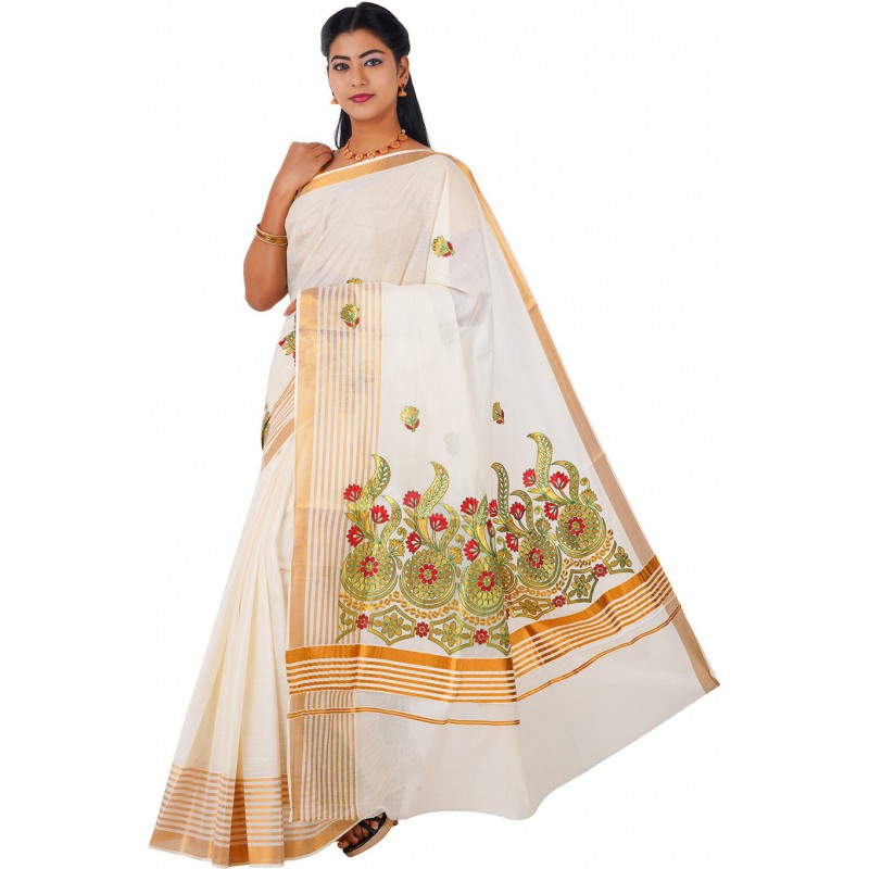 kasavu Embroidery cotton sarees(Beige)