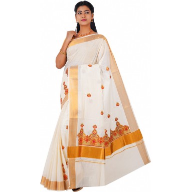 kasavu Embroidery cotton sarees(beige)