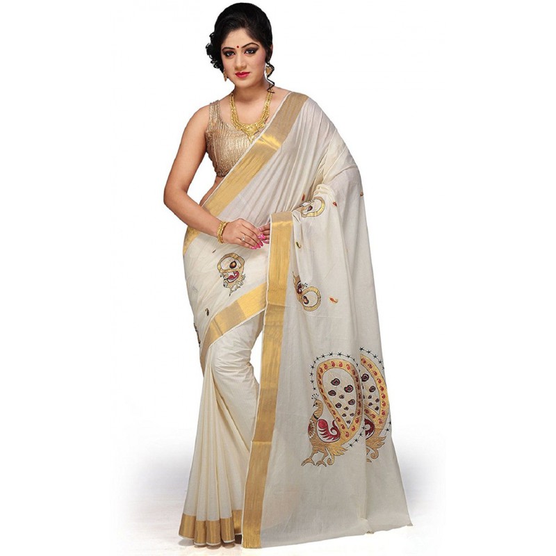 kasavu Embroidery cotton sarees(Beige,Gold)