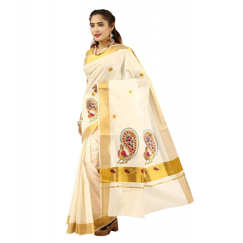 kasavu Embroidery cotton sarees(Beige,Gold)