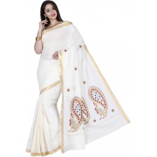  kasavu Embroidery cotton sarees(Beige,Gold)