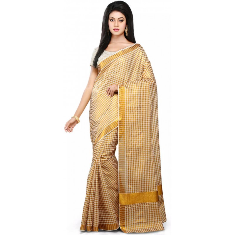 checked kasavu cotton saree(Beige,Gold)