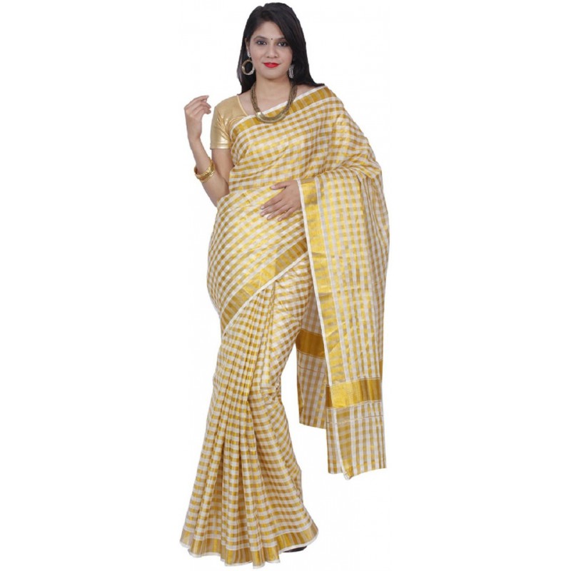 checked kasavu cotton saree(Beige,Gold)