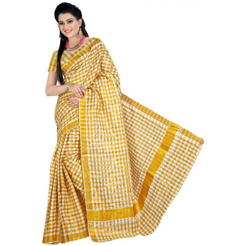 checked kasavu cotton saree(Beige,Gold)