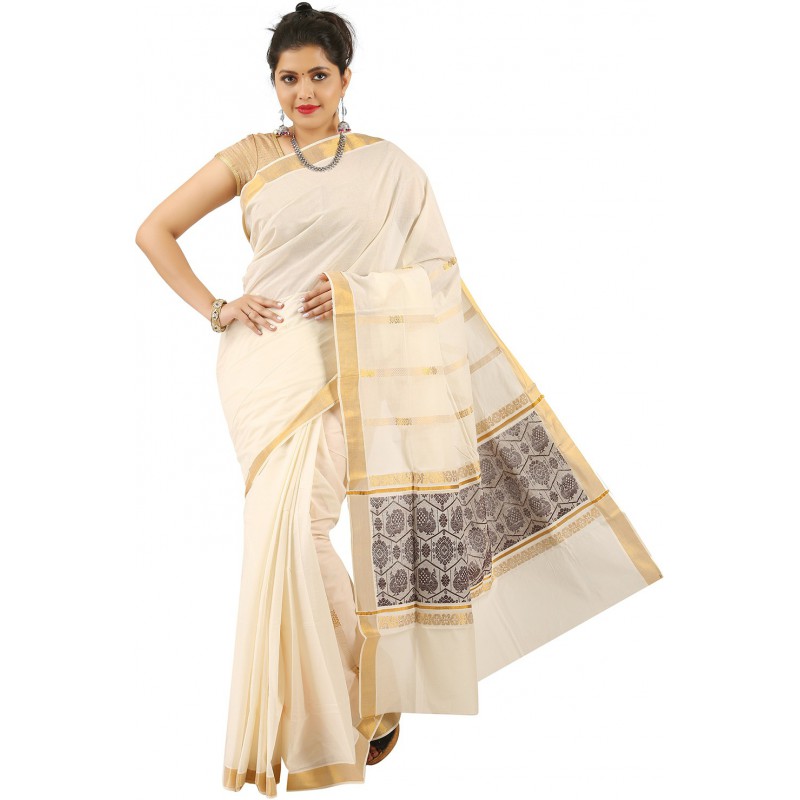 kasavu Embroidery cotton sarees (Beige,Gold)