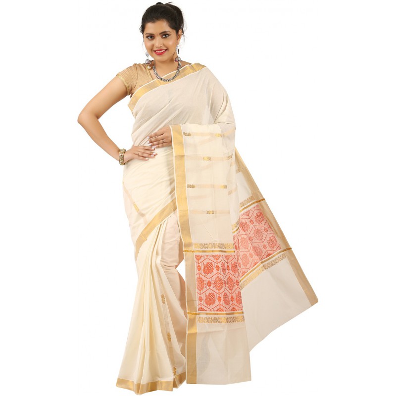 kasavu Embroidery cotton sarees (Beige,Red,Gold)