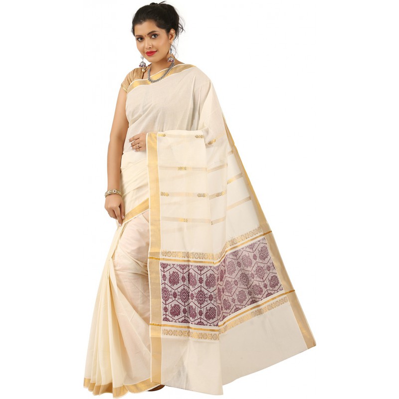 kasavu Embroidery cotton sarees (Beige,Gold)