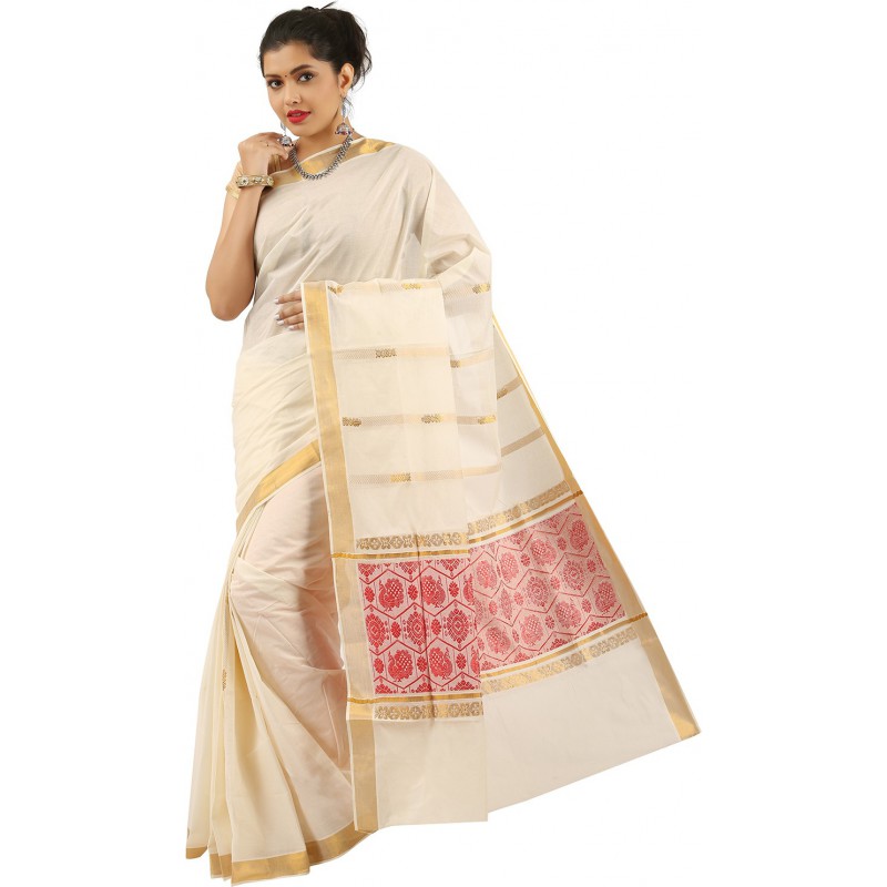 kasavu Embroidery cotton sarees (Beige,Red)