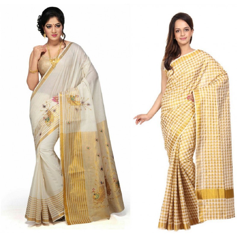 kasavu Embroidery cotton sarees pack of 2(Beige,Gold)