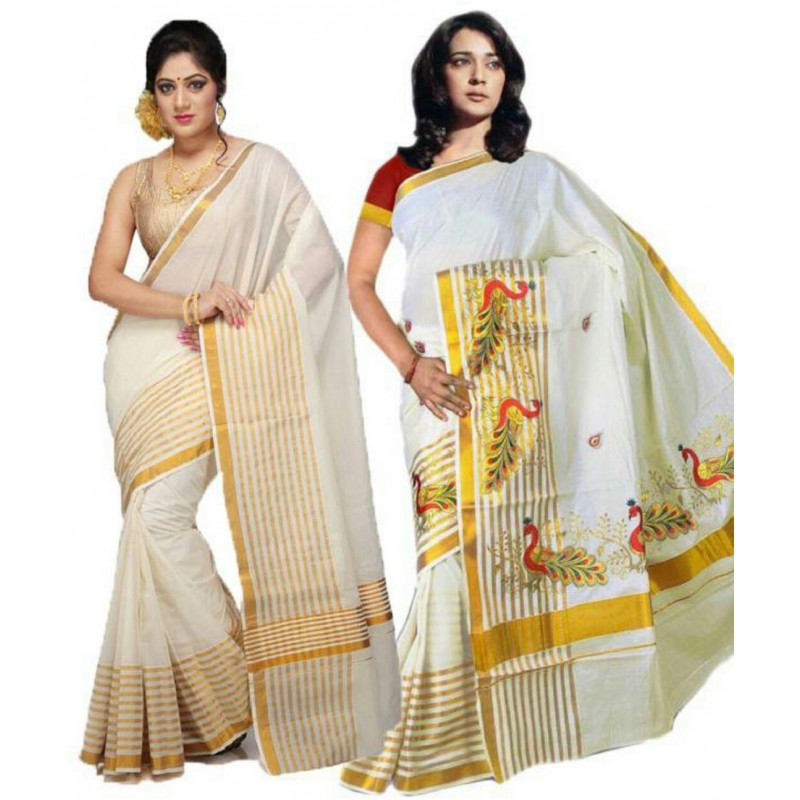 Embroidery cotton sarees pack of 2(Beige,Red,Gold)