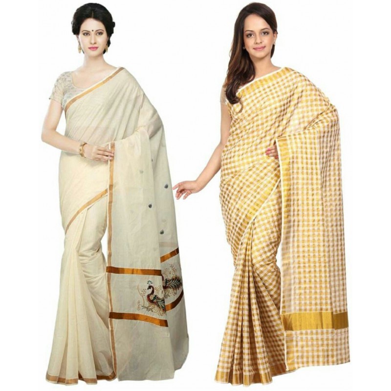 kasavu Embroidery cotton sarees pack of 2(Beige,Gold)