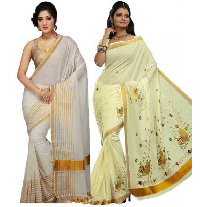 kasavu Embroidery cotton sarees pack of 2(Beige,Gold)