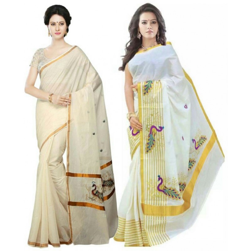 kasavu Embroidery cotton sarees pack of 2(Beige,Gold)