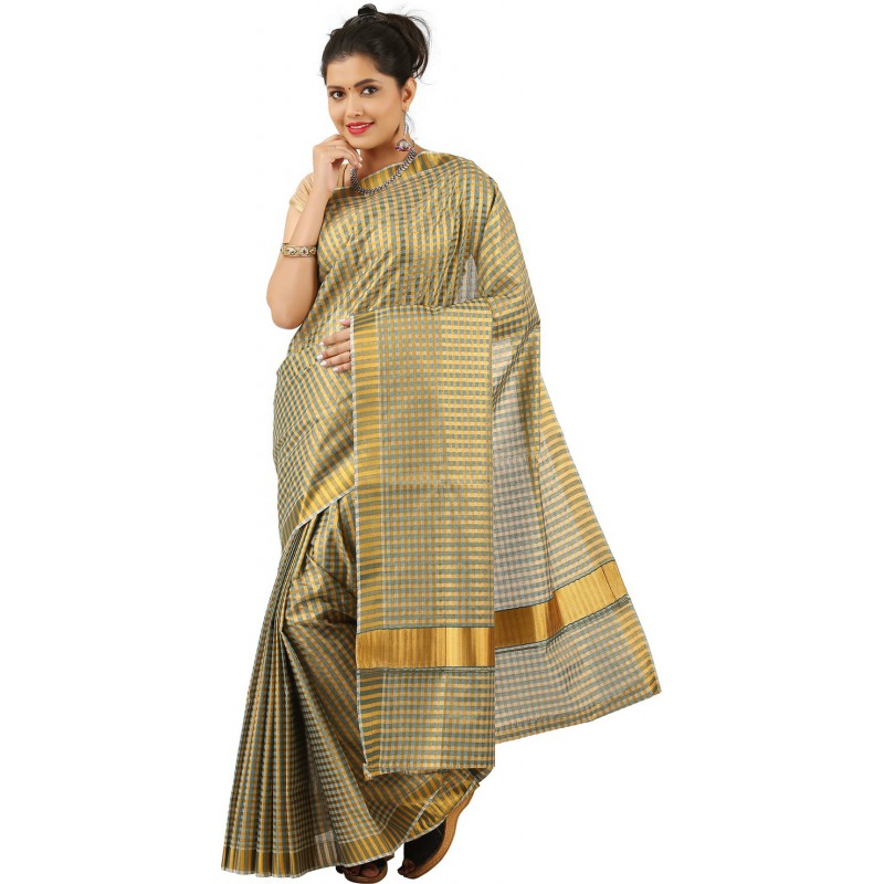 Checked kasavu cotton saree(Beige)