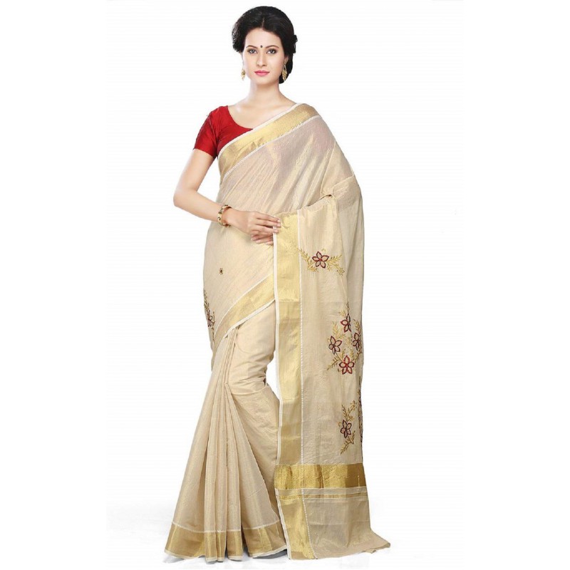 kasavu Embroidery cotton sarees (Beige,Gold)