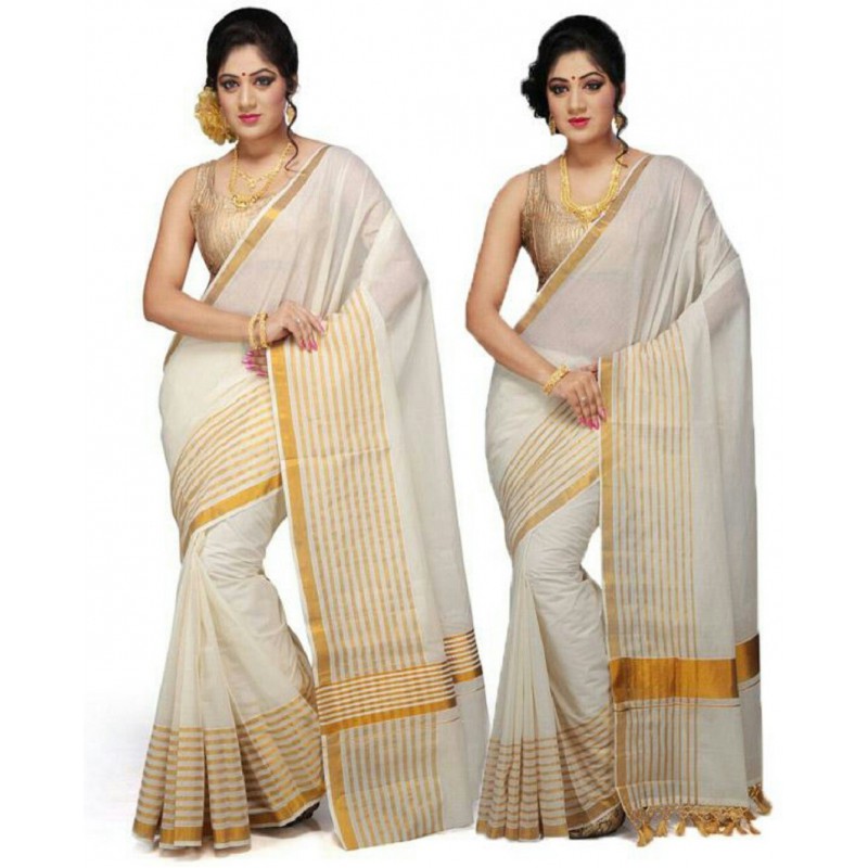 kasavu Embroidery cotton sarees pack of 2(Beige,Gold)