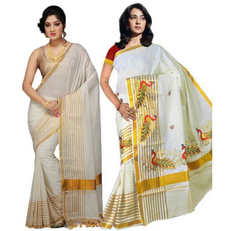 kasavu Embroidery cotton sarees pack of 2(Beige,Red,Gold)