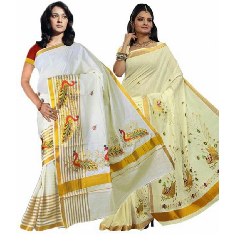 kasavu Embroidery cotton sarees pack of 2(Beige,Red,Gold)