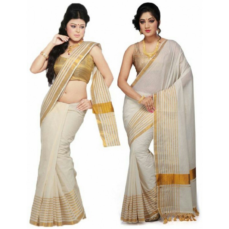 kasavu cotton saree pack of 2(Beige,Gold)