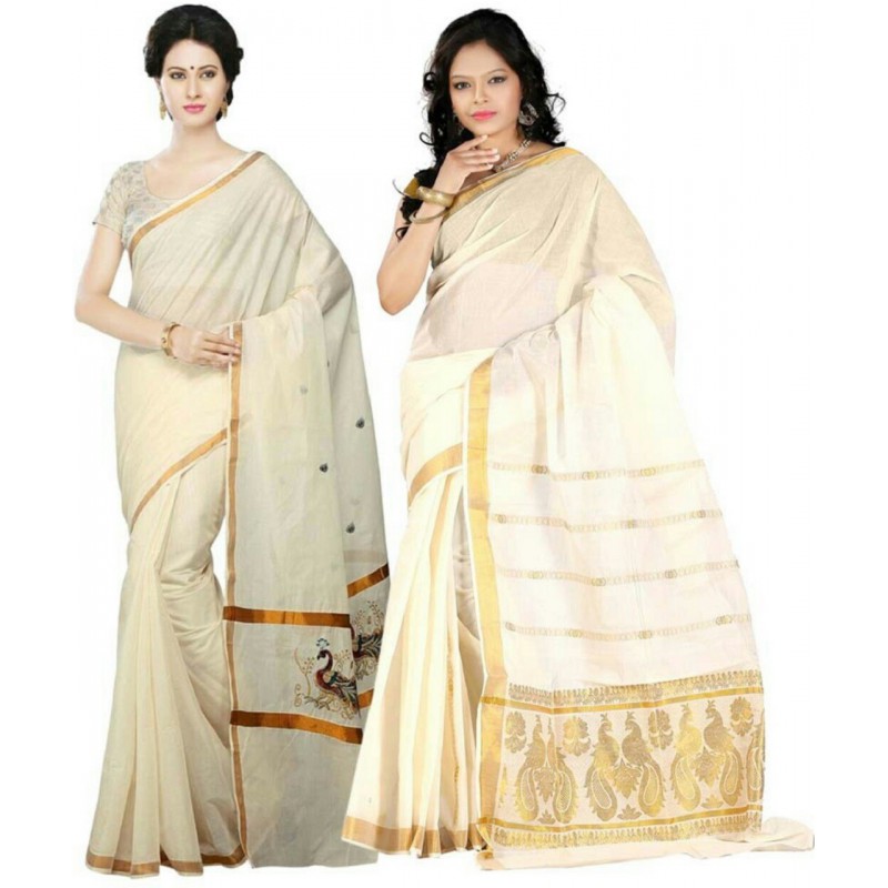 kasavu Embroidery cotton sarees pack of 2(Beige,Gold)