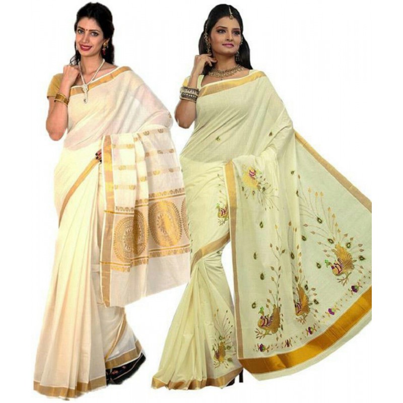 kasavu Embroidery cotton sarees pack of 2(Beige,White)