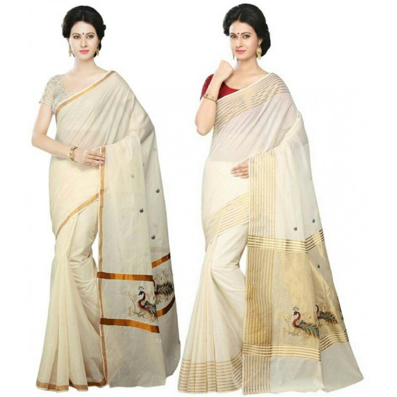 kasavu Embroidery cotton sarees pack of 2(Beige,Gold)