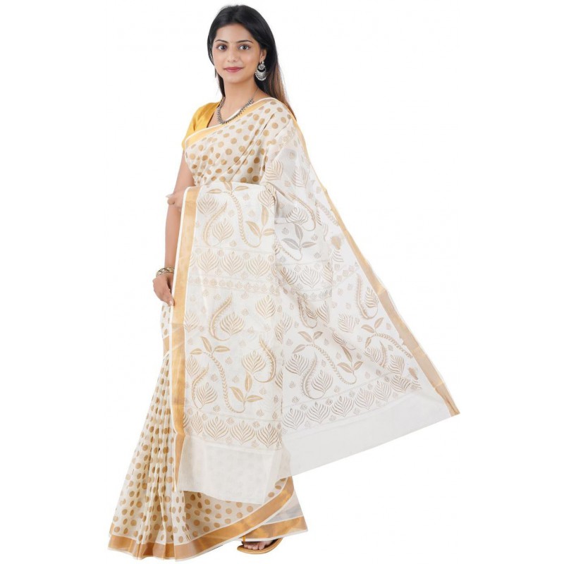 polka golden printed saree(Beige,Gold)