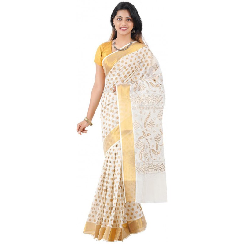 polka golden printed saree(Beige,Gold)