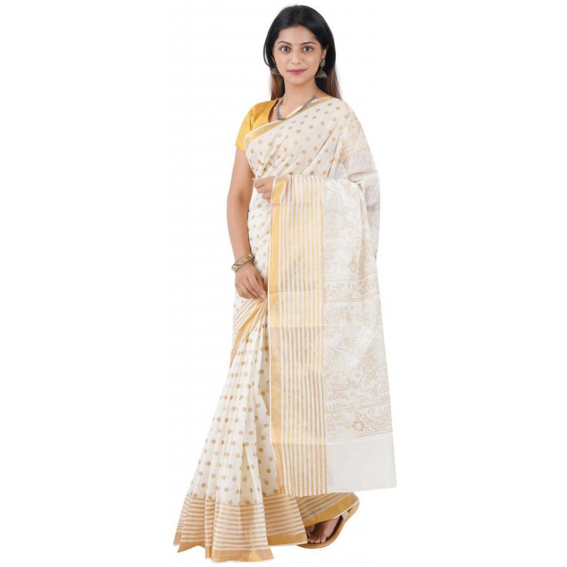 polka golden printed saree(Beige,Gold)