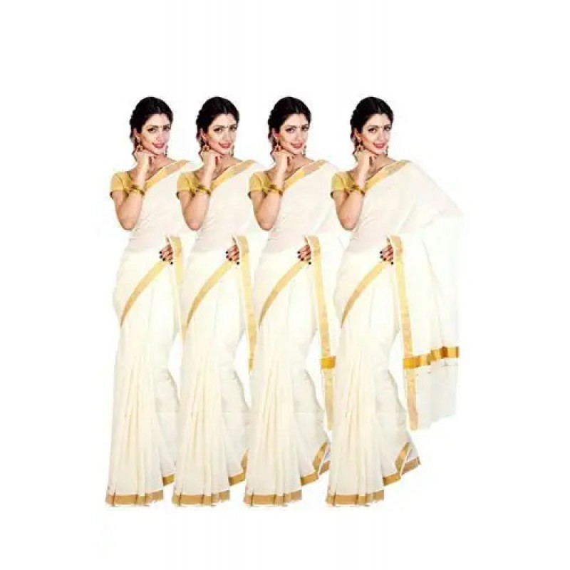 kasavu Embroidery cotton sarees pack of 4(beige)