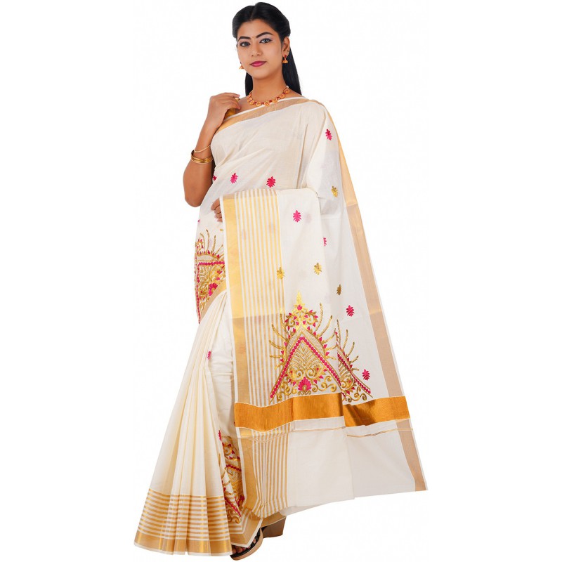 kasavu Embroidery cotton sarees(Beige)