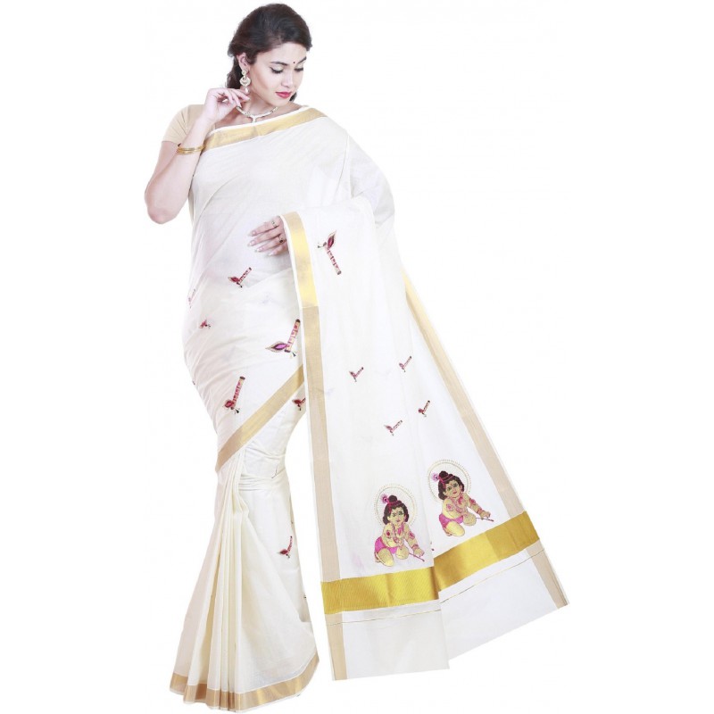 kasavu Embroidery cotton sarees(Beige,Gold)