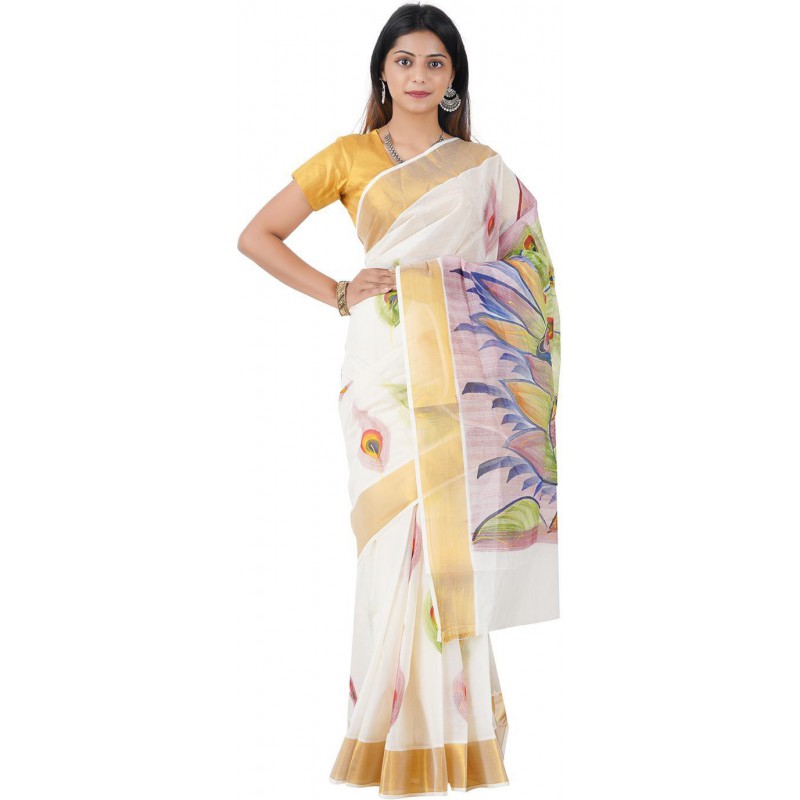 kasavu hand painted saree(Beige,Gold)