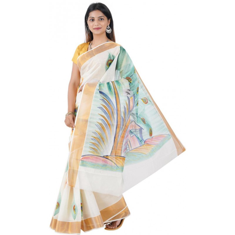 kasavu hand painted saree(Beige,Gold)