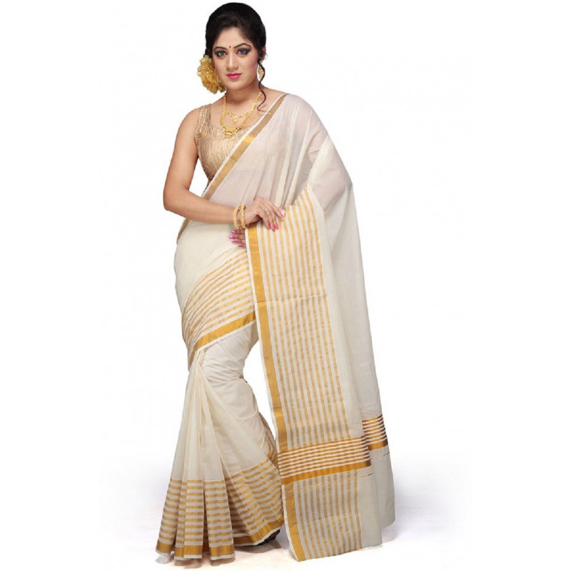 kasavu cotton sarees(Beige,White)