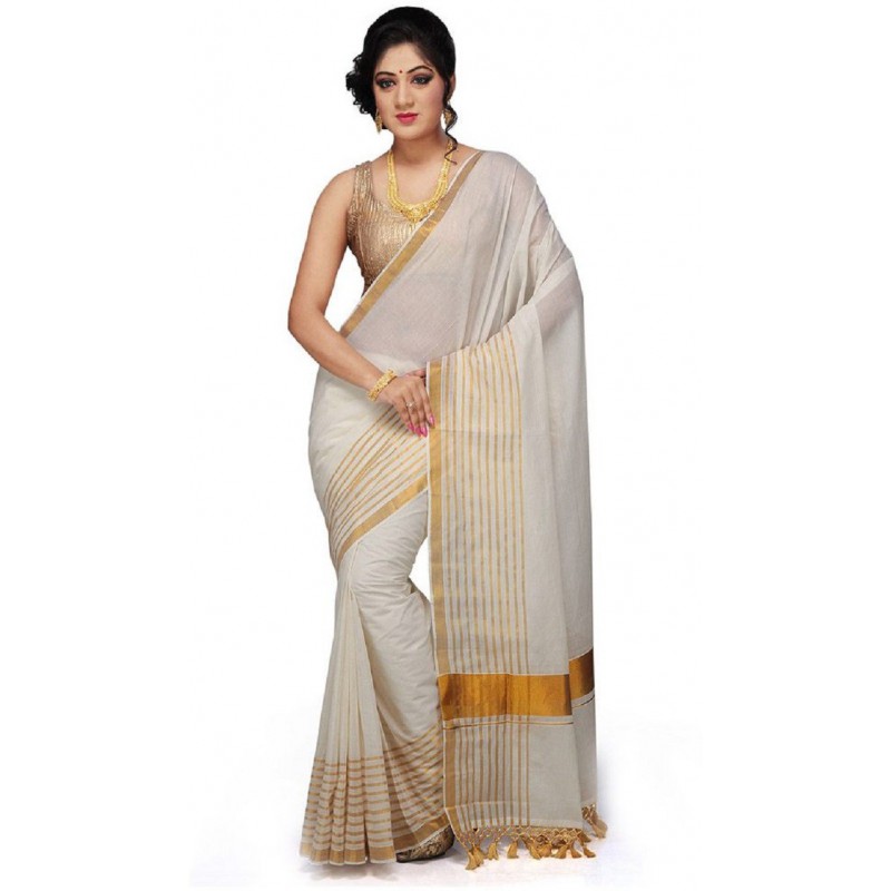 kasavu cotton sarees(Beige,White)