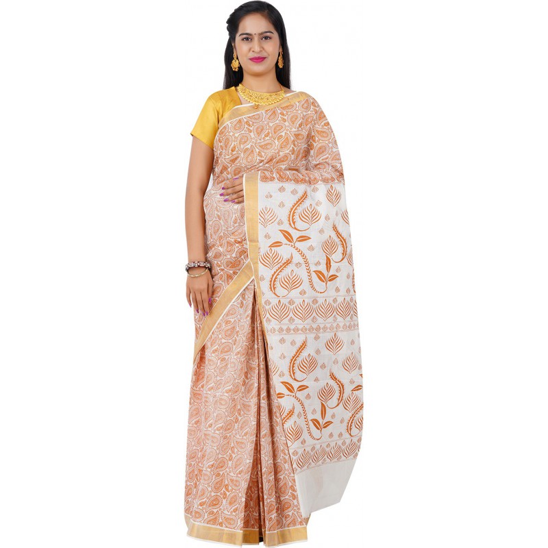 Printed cotton saree(Beige,White)