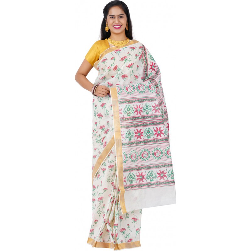 Printed cotton saree(Beige)