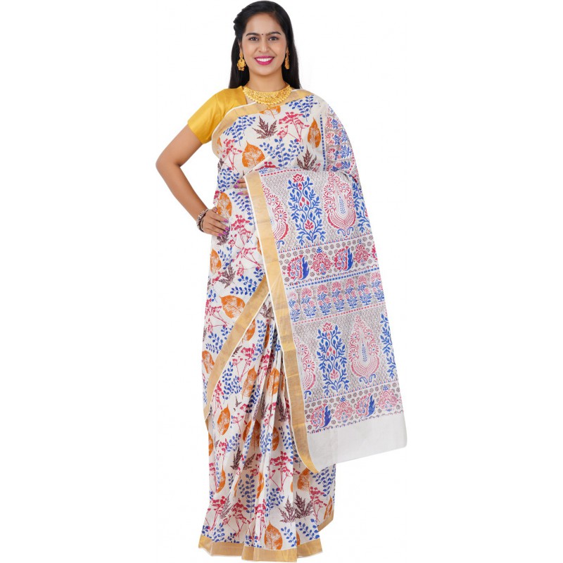 Printed cotton saree(Beige,Multicolor)