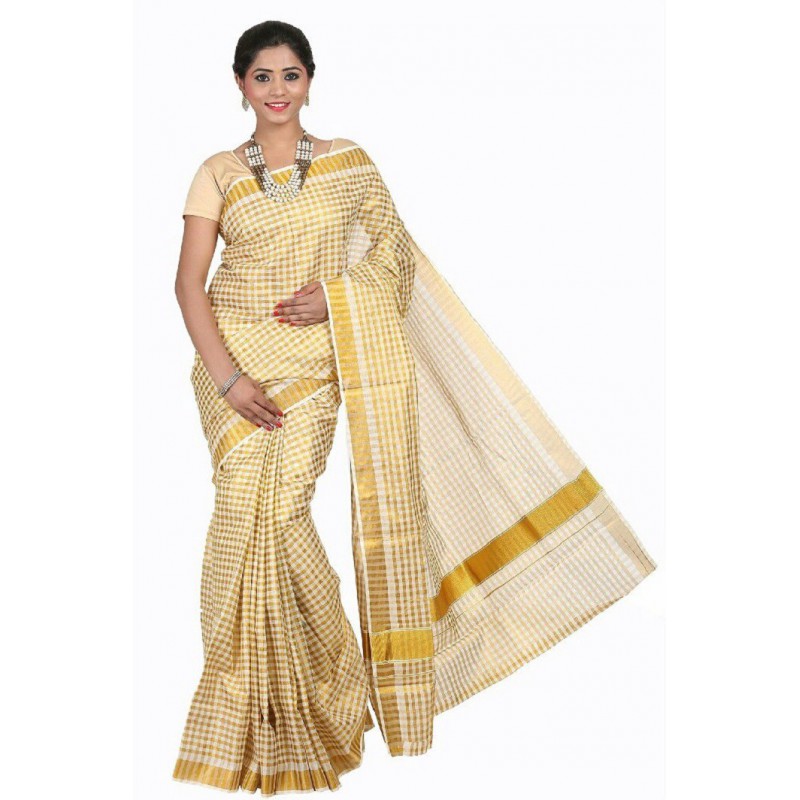 checked kasavu cotton saree(Beige)