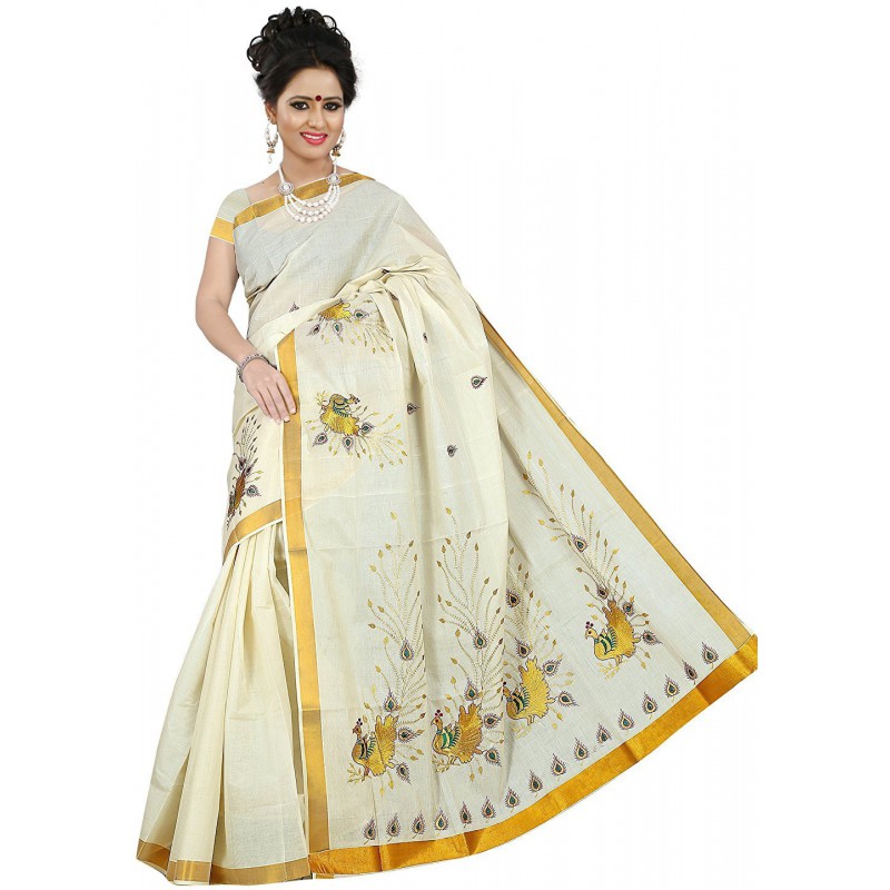 kasavu Embroidery cotton sarees (Beige,Gold)