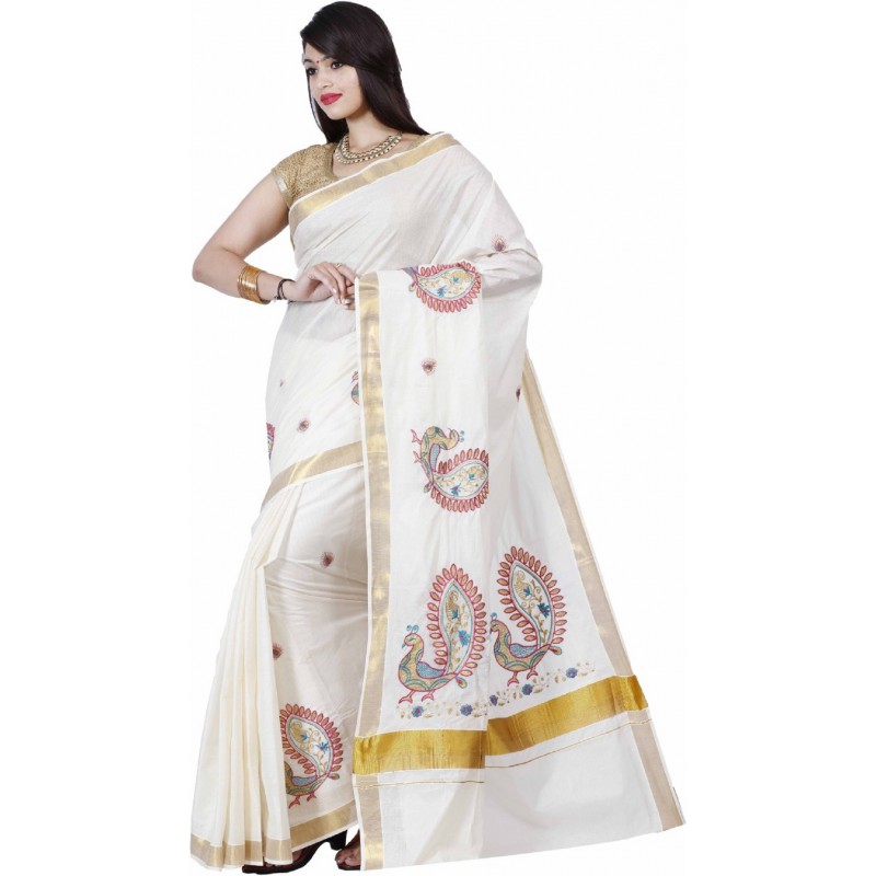 kasavu Embroidery cotton sarees (Beige,Red,Gold)