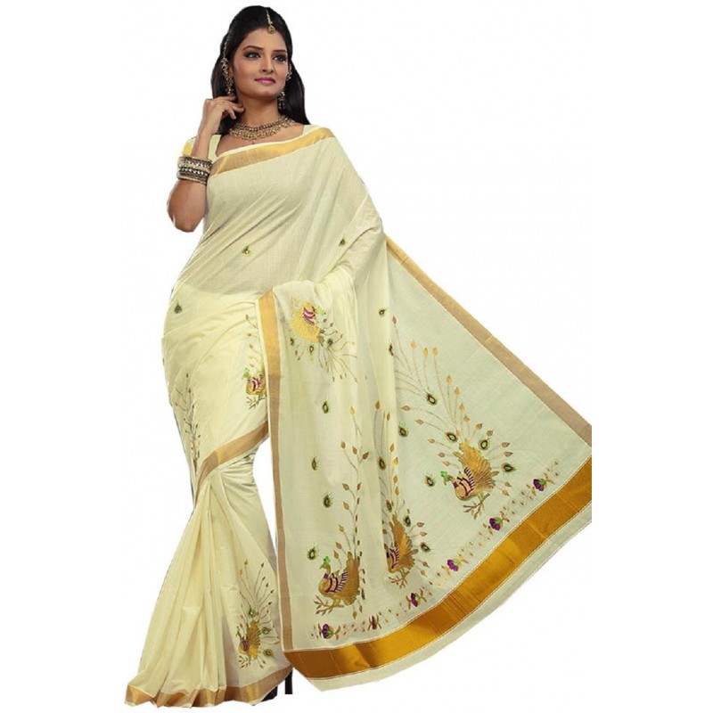 kasavu Embroidery cotton sarees (Beige,White)