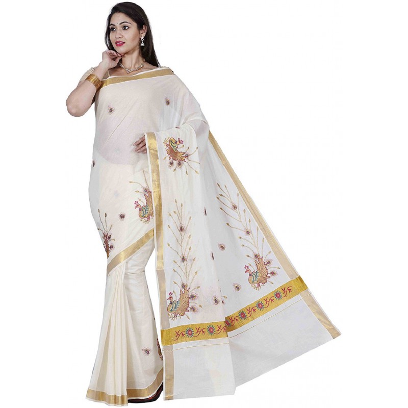 kasavu Embroidery cotton sarees (Beige,White)