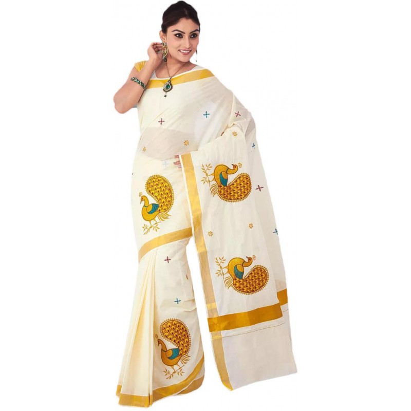 kasavu Embroidery cotton sarees (Beige,White)