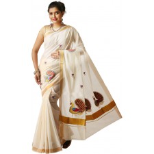  kasavu Embroidery cotton sarees(Beige,Blue)