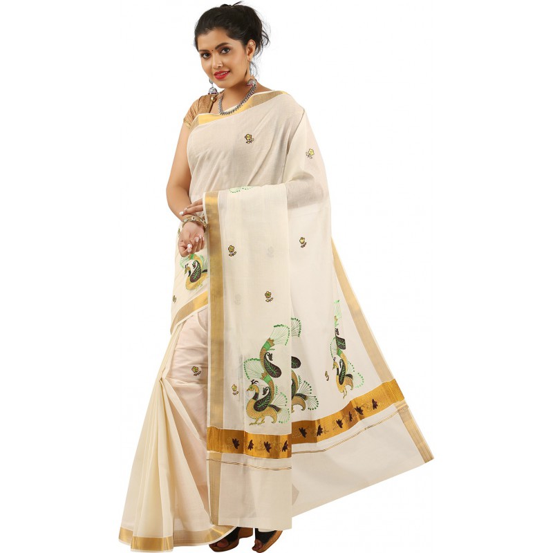 kasavu Embroidery cotton sarees (Beige,Gold)