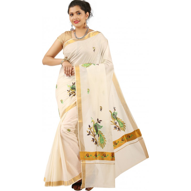 kasavu Embroidery cotton sarees (Beige,Gold)